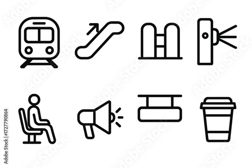 Urban Commute Icons. Urban commute set icons in outline style: subway train, escalator, entrance gate, turnstile, waiting passenger, announcement