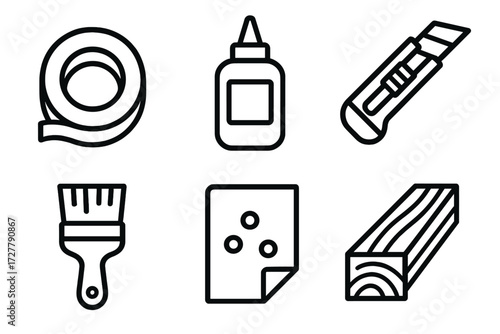 Workshop Icons Collection. Workshop supplies icons in outline style: tape roll, glue bottle, cutter knife, brush, sandpaper, wooden plank