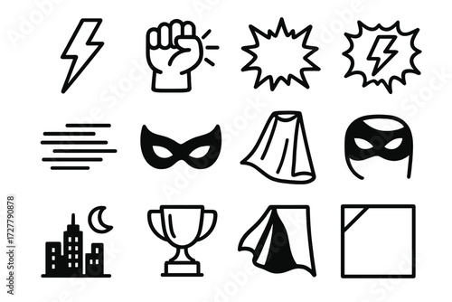 Superpower Icon Set. Superpower thunderclap icons in outline style: glowing bolt, fist punch, explosion burst, pow bubble, zap bubble, speed lines,