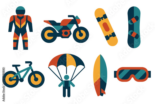 Extreme Sports Icons. Extreme sports set of icons in abstract flat : racing suit, motorbike, skateboard, snowboard, mountain bike, parachute,