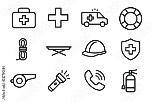 Emergency Icon Set. Emergency help icons in outline style: first aid kit, medical cross, ambulance, lifebuoy, rescue rope, stretcher, safety helmet,