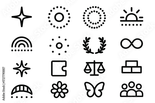 Harmony Symbol Icons. Concept themes icons in outline style: guiding star dot, glowing aura dot, harmony circle dots, sunrise horizon dots, rainbow