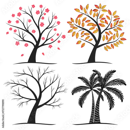 Four stylized trees representing different seasons and a tropical scene