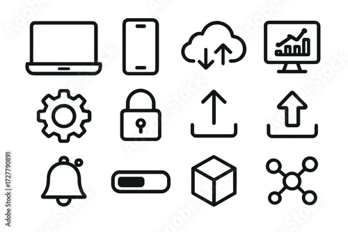 Digital Icon Set. Digital solution tray icons in outline style: laptop screen, smartphone app, cloud sync, dashboard chart, settings gear, secure