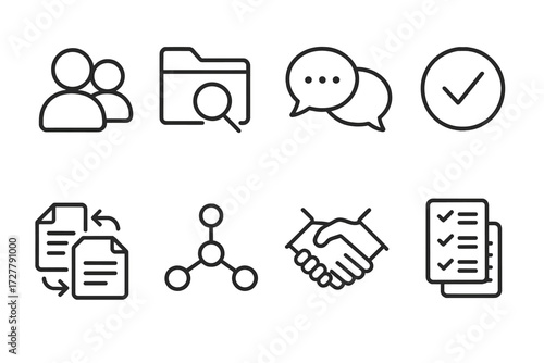 Collaboration Workflow Icons. Collaboration workflow icons in outline style: user avatars, shared folder, speech bubbles, approval check, document