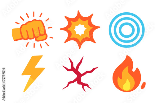 Minimalist Action Icons. Dynamic effects in modern flat vector : punch fist, shockwave, ripple circle, lightning bolt, crack icon, flame spark