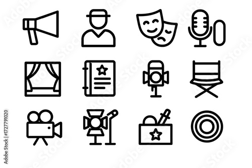 Film Production Icons. On-set script use icons in outline style: megaphone, director figure, actor mask, rehearsal stage, script binder, microphone,