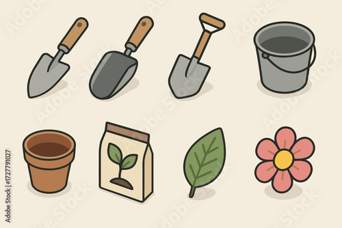 Garden Tools Isometric. Objects set icons in modern isometric flat : garden trowel, soil scoop, shovel, bucket, pot, seed packet, leaf, flower