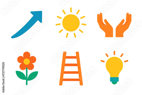 Icons of Hope. Optimism in modern flat vector : upward arrow, sunshine, open hands, flower, ladder, lightbulb