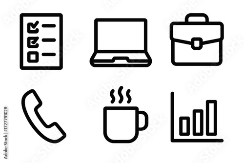 Office Tools Icons. Office tools icons in outline style: checklist box, laptop, briefcase, phone, coffee cup, chart