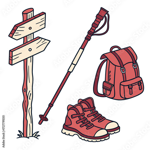 Hiking gear including a signpost trekking pole backpack and boots