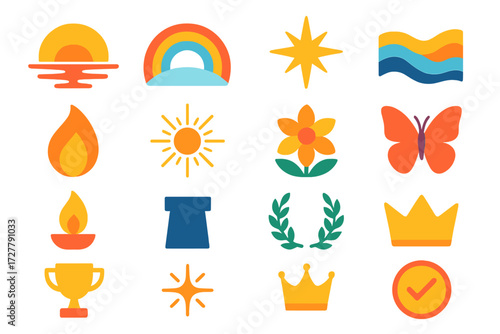 Vibrant Symbolic Icons. Themes & vibes in modern flat vector : sunrise horizon, rainbow arc, guiding star, harmony wave, glowing aura, torch flame,