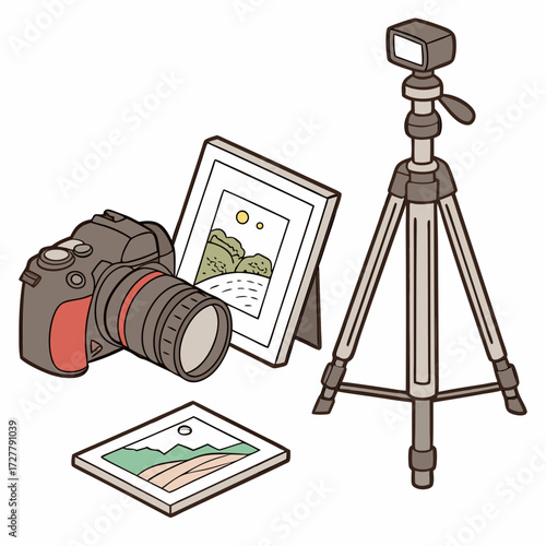 Illustration of camera equipment and framed photos on white background
