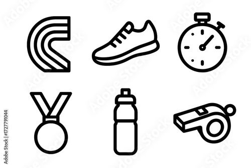 Athletic Icon Collection. Athletics icons in outline style: track curve, running shoe, stopwatch, medal, water bottle, whistle