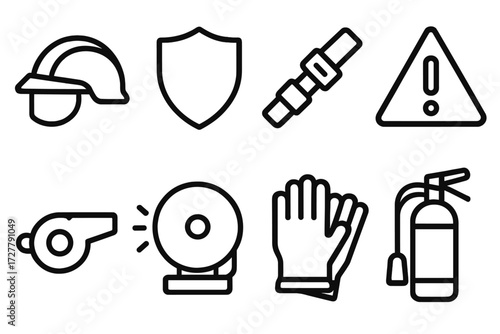 Safety Icons Collection. Safety icons icons in outline style: helmet visor, shield, seatbelt, warning triangle, whistle, alarm bell, gloves, fire
