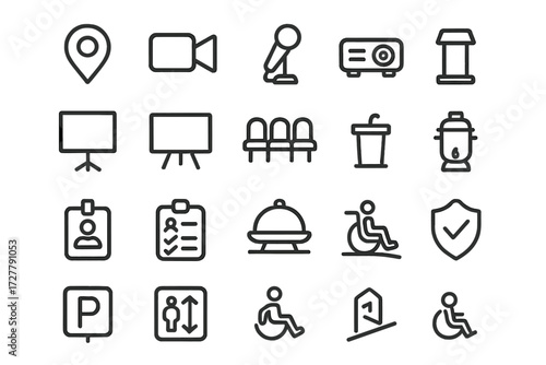 Event Logistics Icons. Event logistics icons in outline style: location pin, video camera, microphone, projector, screen, whiteboard, seating row,