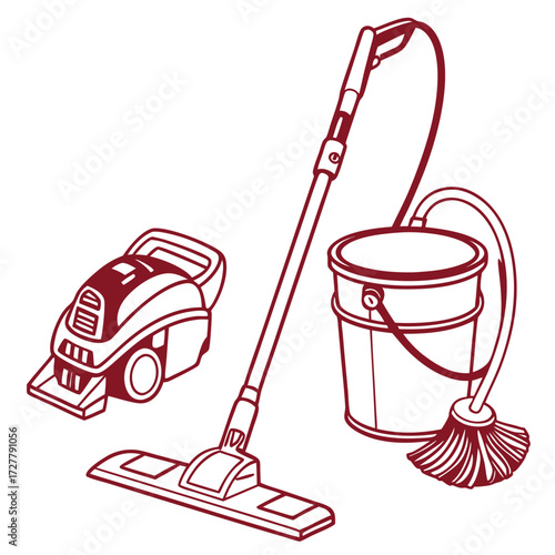 Illustration of cleaning tools including a vacuum cleaner mop and bucket