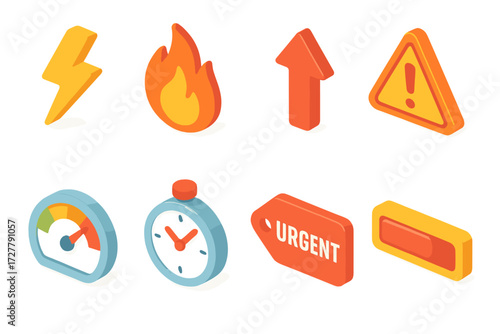Urgency Icon Set. Urgency symbols set icons in modern isometric flat : lightning bolt, fire flame, upward arrow, warning triangle, speedometer,