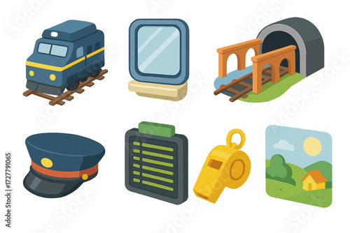Isometric Train Icons. Rail journey visuals set icons in modern isometric flat : locomotive, train window, railway bridge, tunnel, conductor hat,