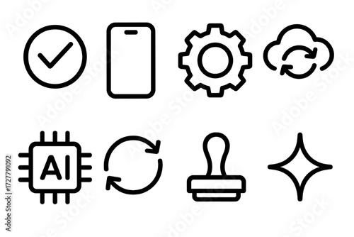 Digital Tool Icons. Digital tools icons in outline style: smart choice, smartphone, settings gear, cloud sync, AI chip, automation loop, approval