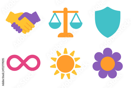 Trust Icons Collection. Trust symbols in modern flat vector : mutual respect, balanced scale, shield, infinity loop, sun, flower