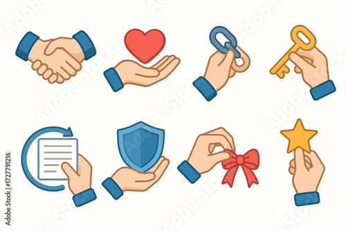 Isometric Hand Gestures. Gestures set icons in modern isometric flat : two hands shaking, hand offering heart, hand linking chain, hand placing key,