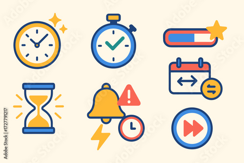 Vibrant Time Symbols. Symbols in modern flat vector : clock with sparkles, stopwatch with checkmark, hourglass with rays, progress bar with star, bell