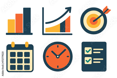 Productivity Icon Set. Productivity trends set of icons in abstract flat : stacked bars, rising curve, target dartboard, calendar grid, clock,
