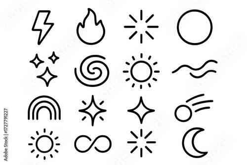 Special Effects Icons. Special effects icons in outline style: lightning bolt, fire flame, spark burst, neon glow, star cluster, galaxy swirl,