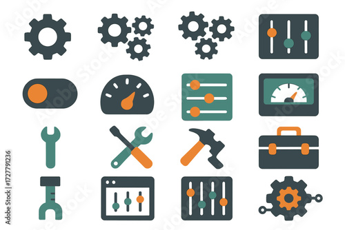 Config Icons. Config basics set of icons in abstract flat : single gear, double gears, cluster gears, settings sliders, toggle switch, knob dial,