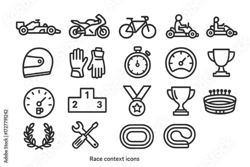 Racing Icon Set. Race context icons in outline style: race car, motorcycle, bicycle, go-kart, helmet, gloves, stopwatch, speedometer, fuel gauge,
