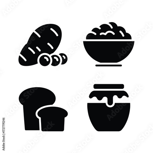 Thanksgiving Smooth Flat Silhouette Icons Sweet Potato Mashed Potato Cranberry Cornbread Biscuit Honey Jar 