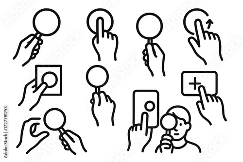 Hands with Magnifiers. Gestures icons in outline style: hand holding magnifying glass, hand pointing through magnifier, hand circling detail, hand