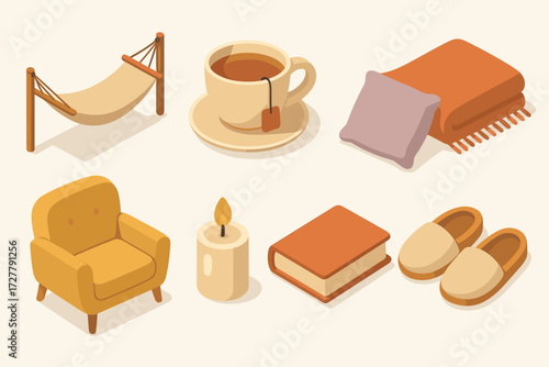 Cozy Relaxation Essentials. Objects set icons in modern isometric flat : hammock, cup of tea, pillow, blanket, armchair, candle, book, slippers