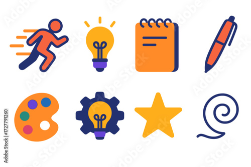 Creative Icon Inspiration. Creative grind in modern flat vector : hustle mode, lightbulb, notepad, pen, palette, innovation gear, doodle star, idea