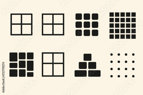 Grid Icons. Objects set of icons in abstract flat : square grid, rectangle grid, 3x3 layout, 4x4 layout, mosaic tiles, window panes, stacked blocks,