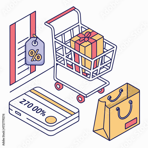 Isometric shopping cart with gift credit card shopping bag and discount tag