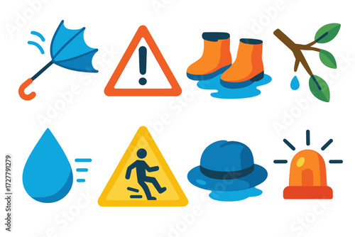 Weather Icon Set. Weather mishap in modern flat vector : umbrella flip, warning triangle, soaked shoes, broken branch, wet hat, storm droplet,