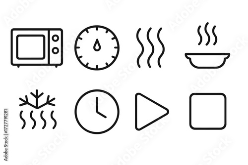 Microwave Icon Set. Microwave symbols icons in outline style: microwave, timer dial, wave lines, hot dish, defrost icon, clock, play button, stop
