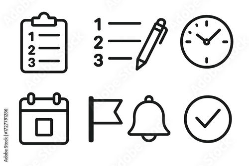 Task Pad Icons. Daily task pad icons in outline style: clipboard with sheet, numbered list, pen, clock, calendar block, sticky flag, reminder bell,