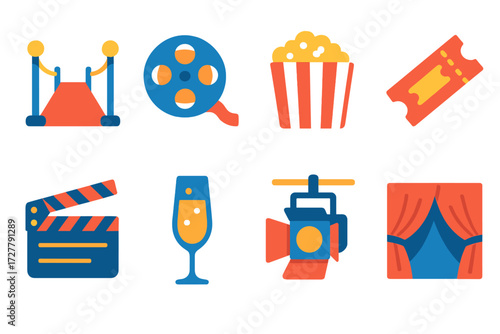 Premiere Night Icons. Premiere night in modern flat vector : red carpet, film reel, popcorn box, ticket, clapperboard, champagne glass, stage lights,