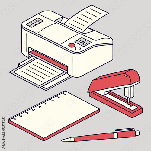 Isometric office supplies including a printer stapler notepad and pen
