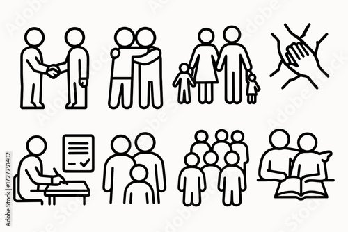 Unity and Collaboration Icons. Situations icons in outline style: partners sealing deal, friends hugging, family holding hands, team joining together