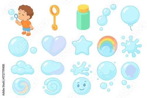 Colorful Bubble Icons. Playful bubbles set icons in modern isometric flat : child blowing bubbles, bubble wand, bubble bottle, bubble stream, balloon