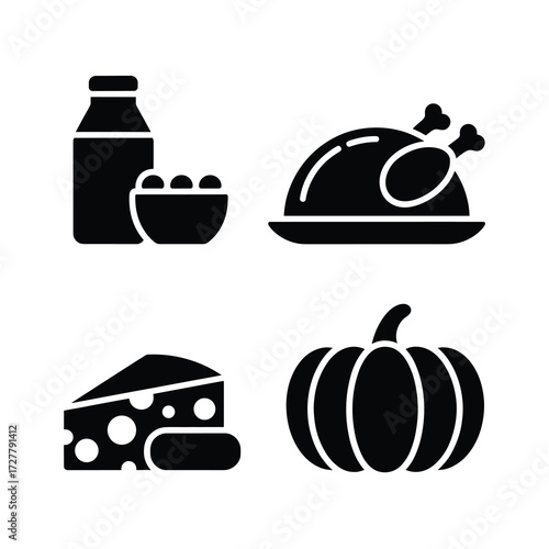 Thanksgiving Smooth Flat Silhouette Icons Sweet Potato Mashed Potato Cranberry Cornbread Biscuit Honey Jar 