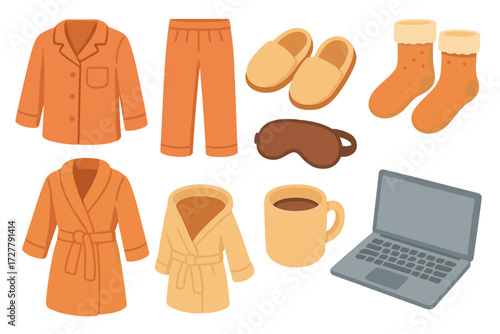 Cozy Home Office Essentials. Cozy home office wear set icons in modern isometric flat : pajama top, pajama pants, slippers, fluffy socks, bathrobe,