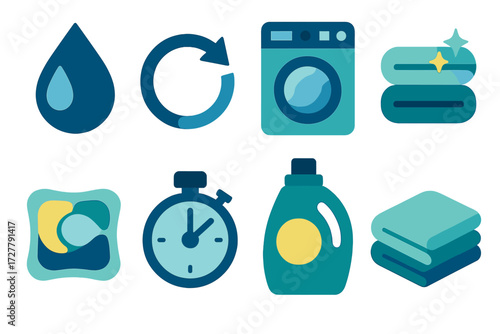 Laundry Icons Collection. Laundry cycle set set of icons in abstract flat : water droplet, spin icon, dryer machine, clean towel stack, detergent pod