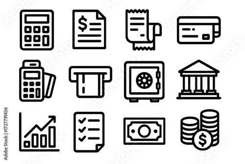 Financial Icon Collection. Finance trade balance icons in outline style: calculator, tax form, receipt roll, credit card, debit swipe, ATM slot, safe