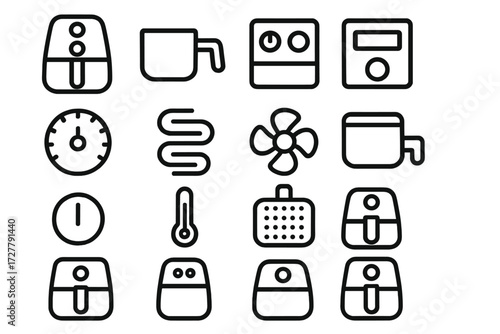 Air Fryer Icons. Appliance basics icons in outline style: air fryer, basket drawer, control panel, digital display, timer dial, heating coil, fan