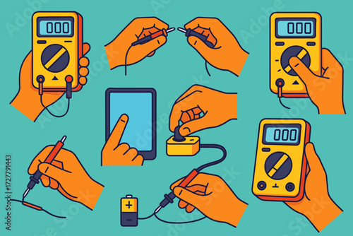 Hands with Multimeter. Gestures in modern flat vector : hand holding multimeter, hand connecting probes, hand turning multimeter dial, hand touching